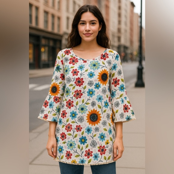 Little Journeys Tops - Boho Floral Bell Sleeve Tunic Blouse Medium – Sunflower Print